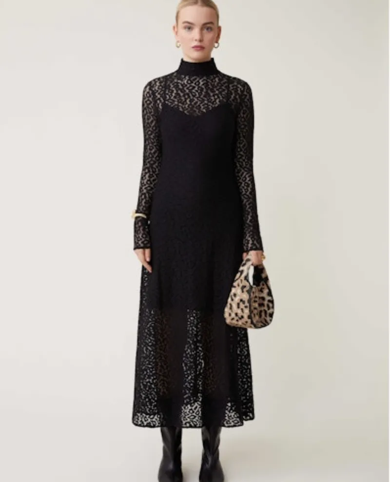 Suncoo Ciara Black Leopard Lace Midi Dress