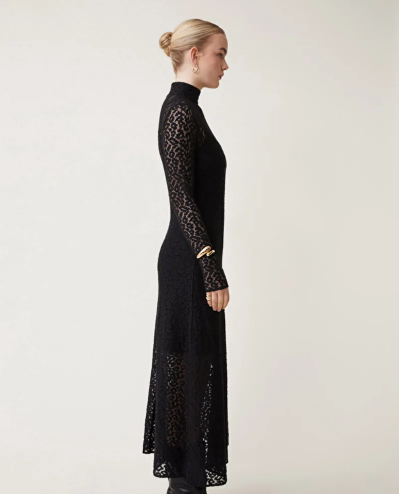 Suncoo Ciara Black Leopard Lace Midi Dress