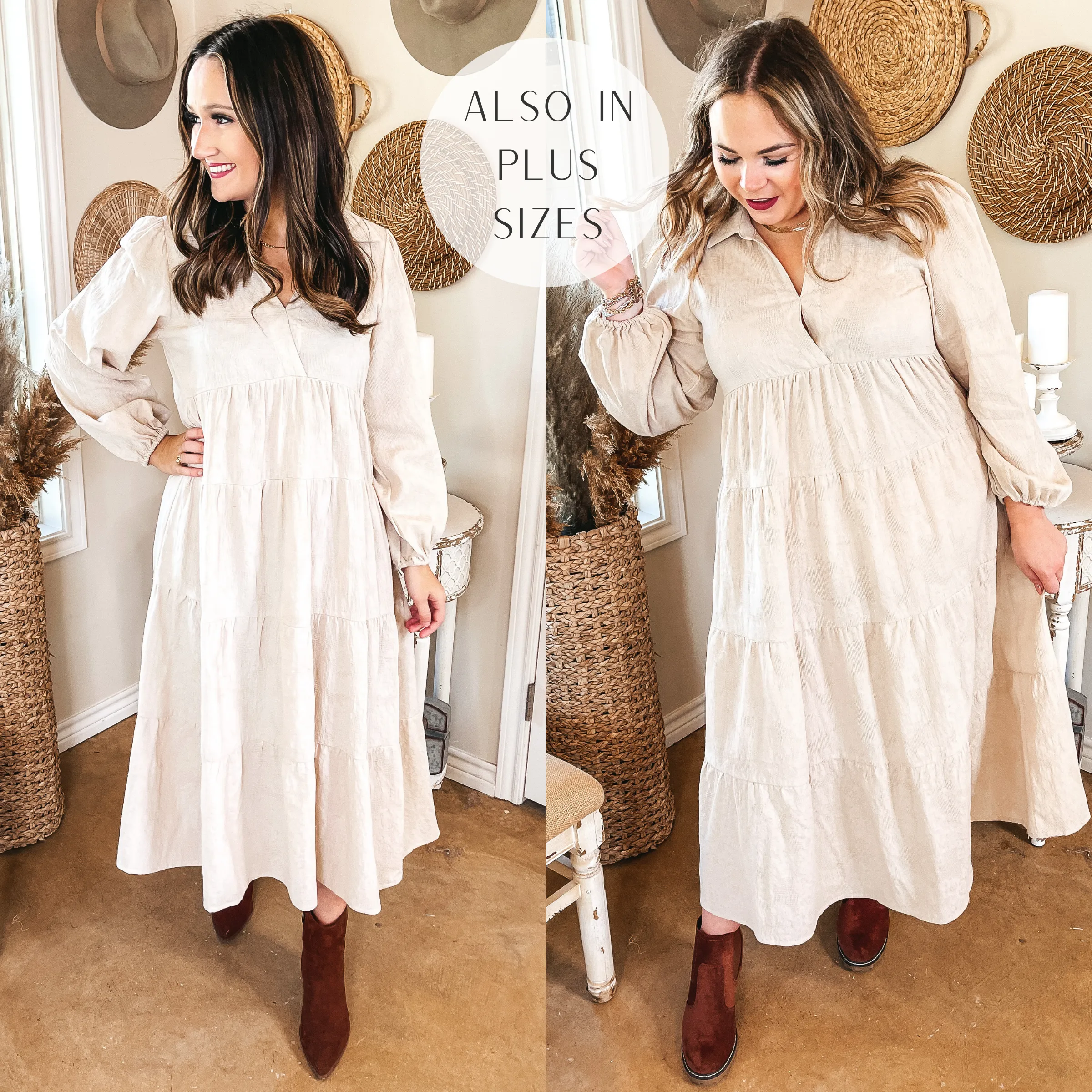 Sweet Glances Long Sleeve Tiered Midi Dress in Stone