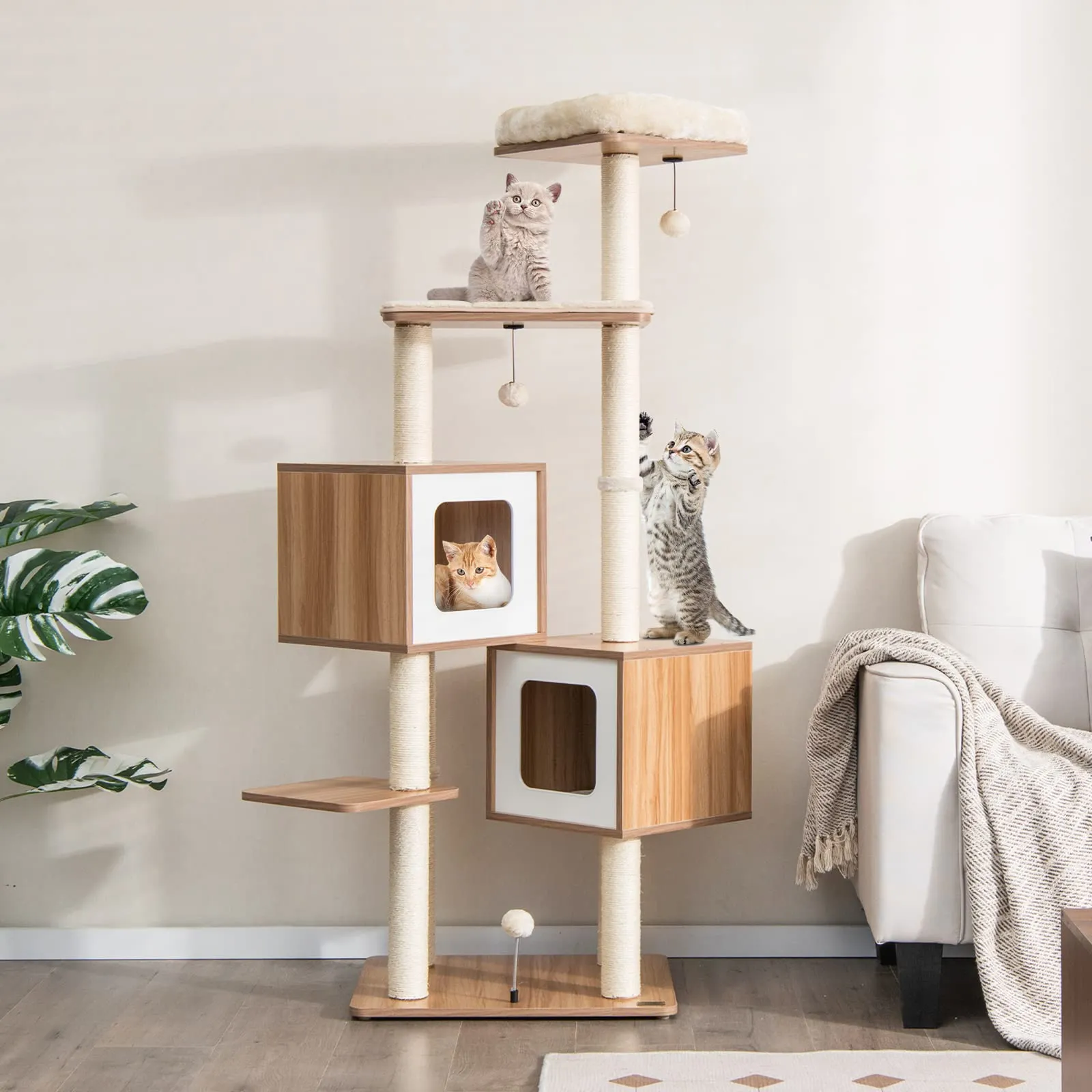 Tangkula Modern Cat Tree for Indoor Cats, 64.5 Inch Tall Cat Tower with Sisal Scratching Posts