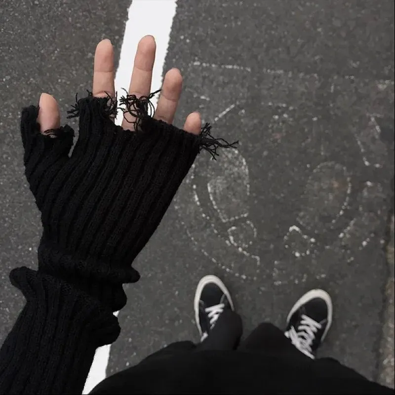 Tattered Punk Style Knitted Fingerless Gloves