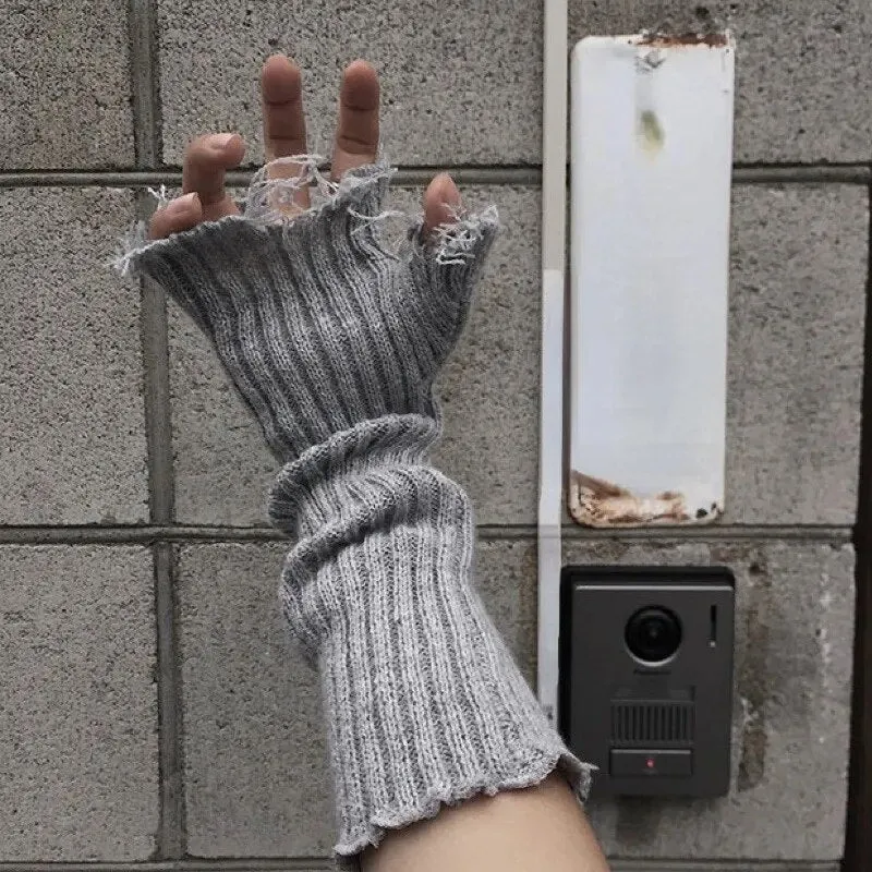 Tattered Punk Style Knitted Fingerless Gloves