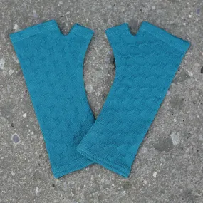 Teal crosses knit merino fingerless gloves