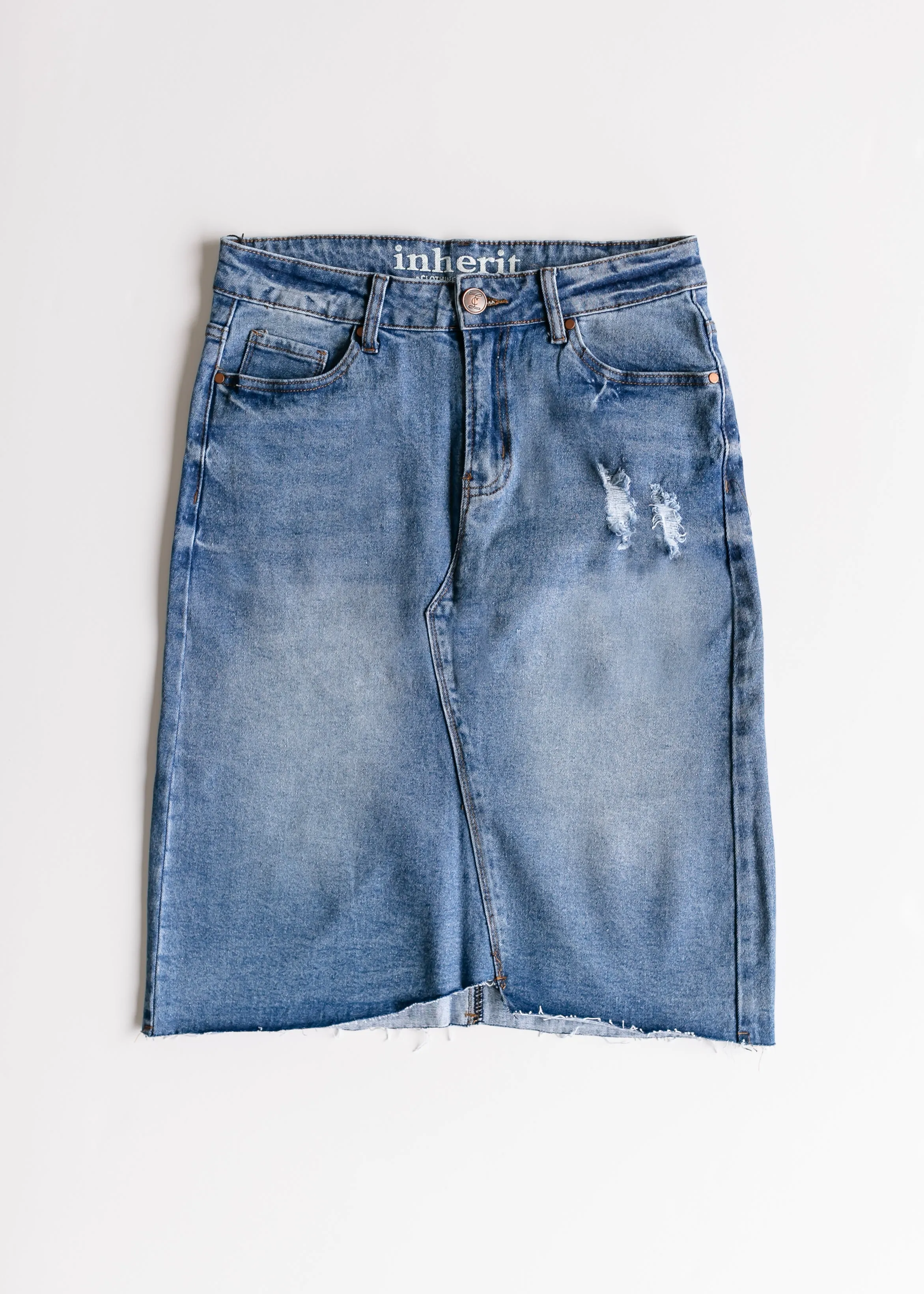 Tiana Distressed Denim Midi Skirt