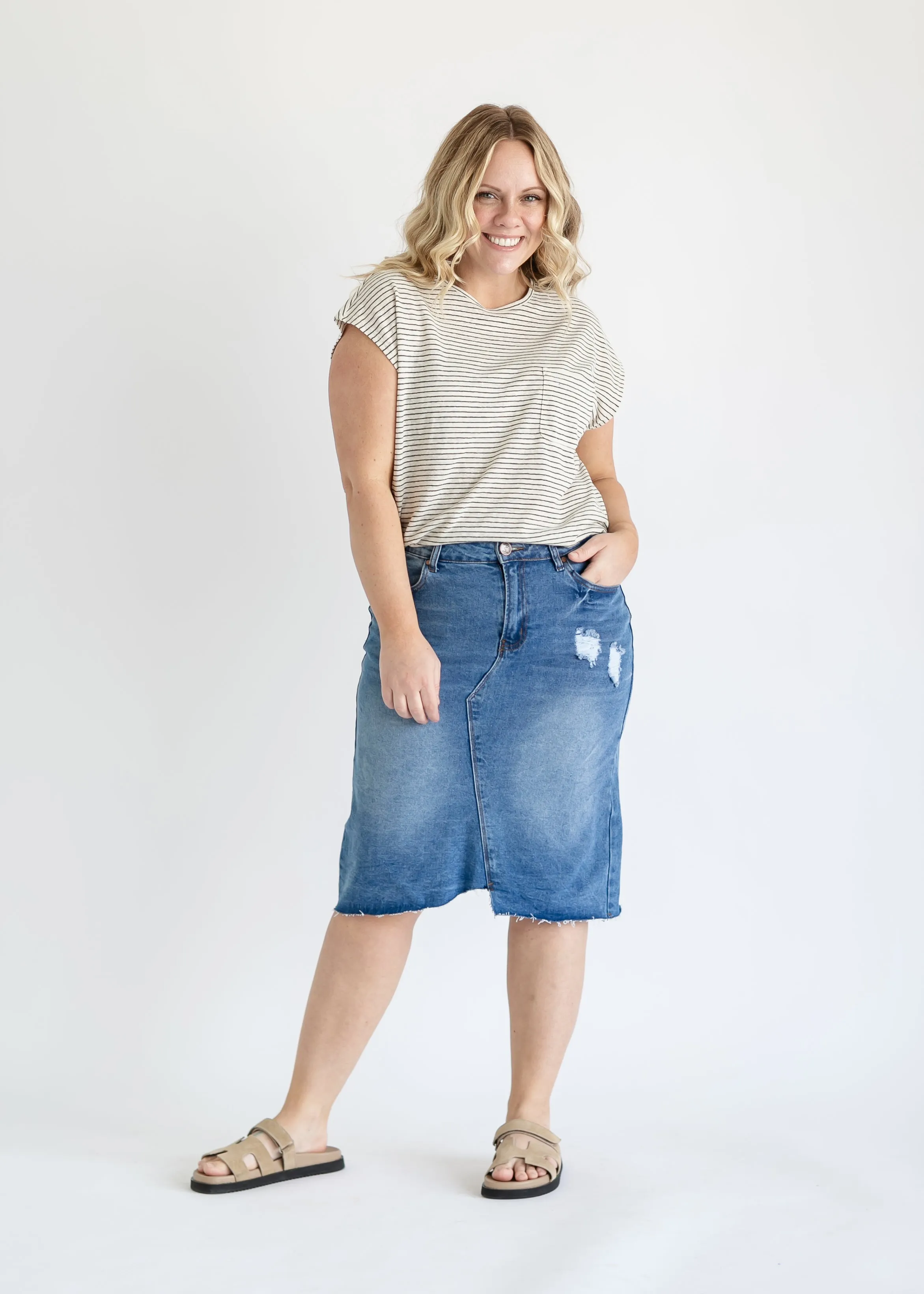 Tiana Distressed Denim Midi Skirt