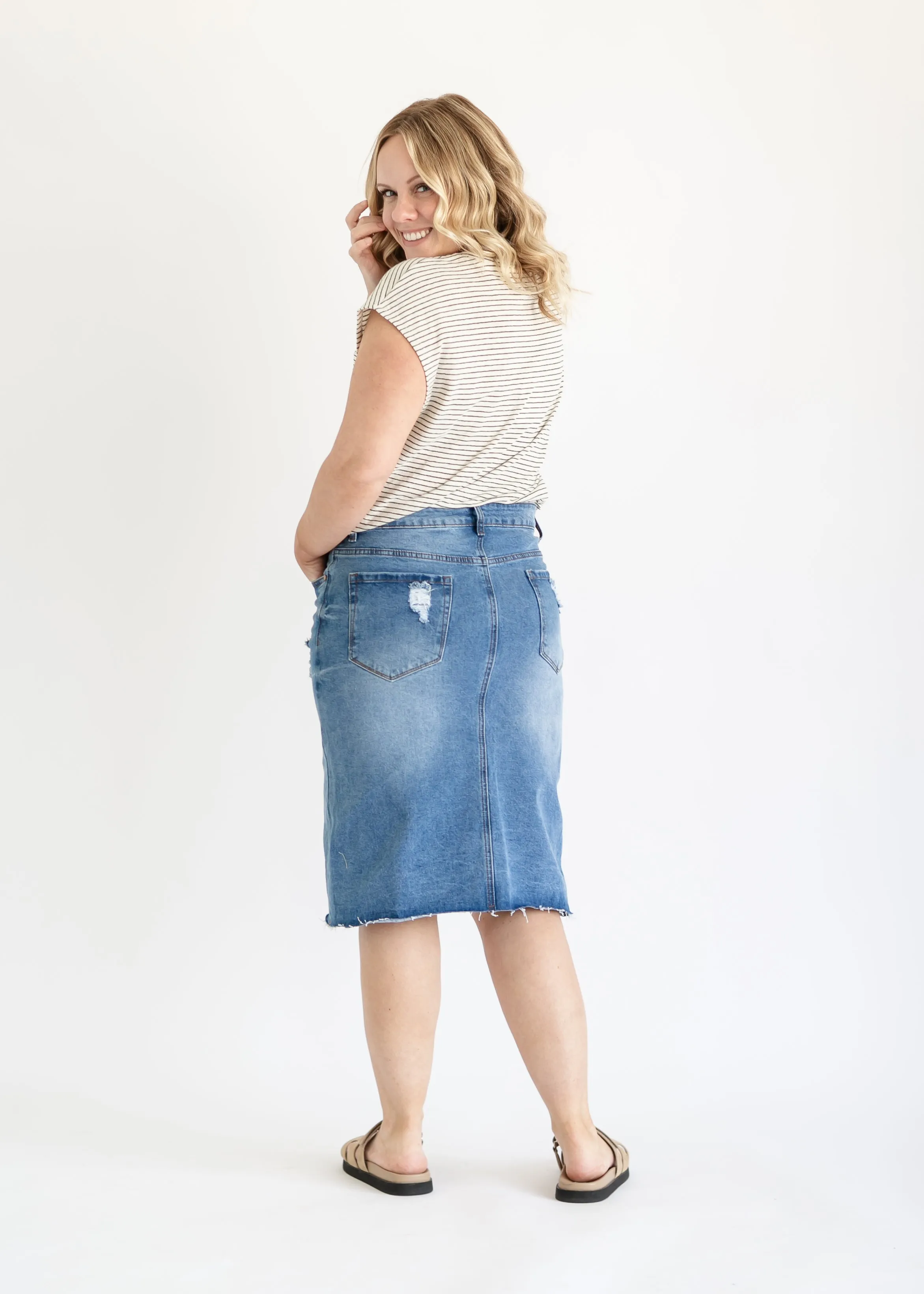 Tiana Distressed Denim Midi Skirt