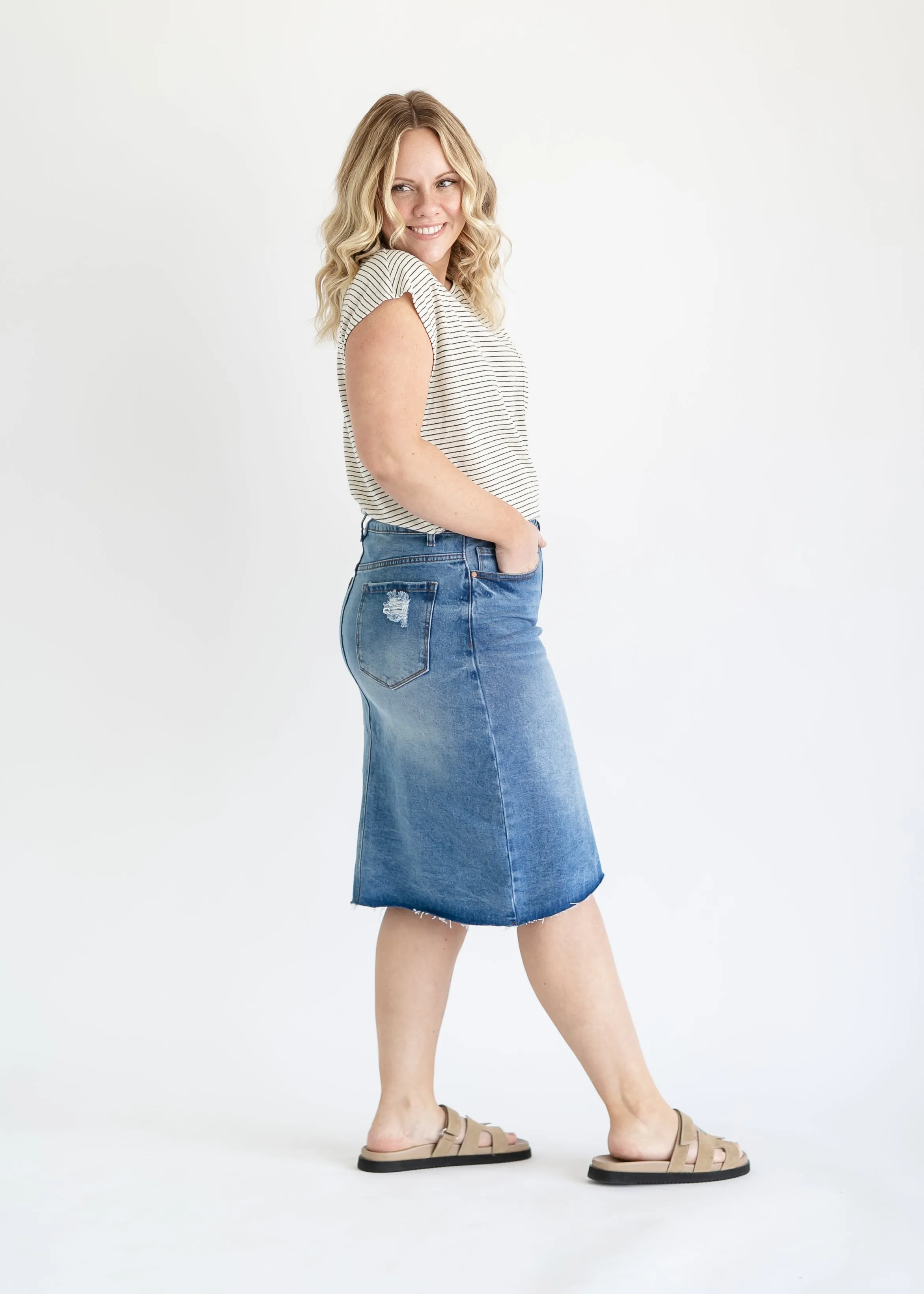 Tiana Distressed Denim Midi Skirt