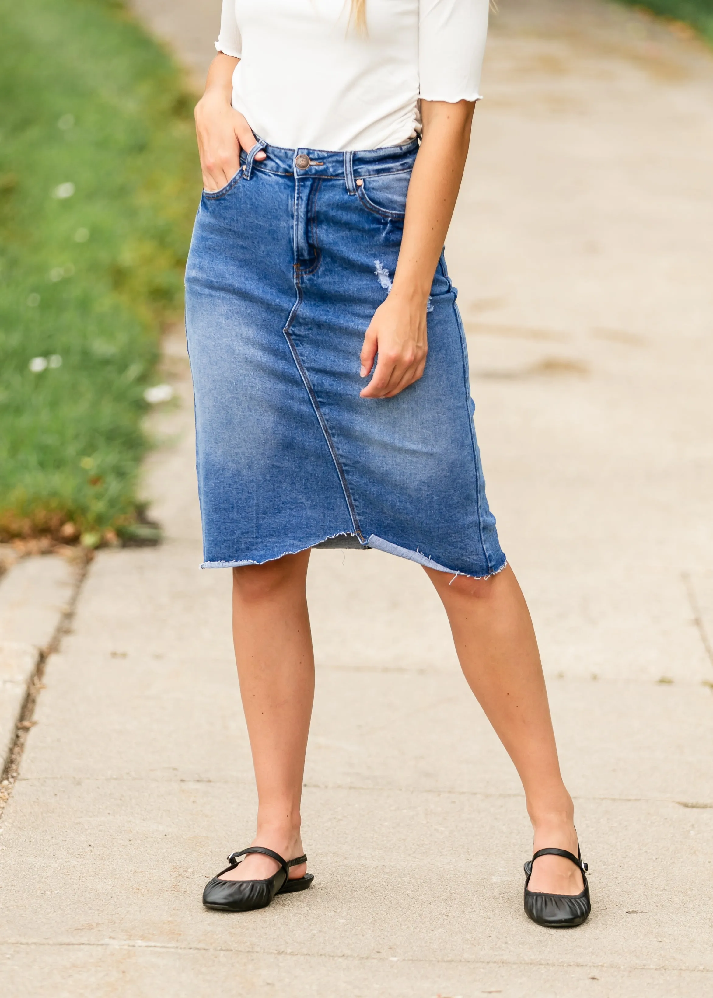 Tiana Distressed Denim Midi Skirt