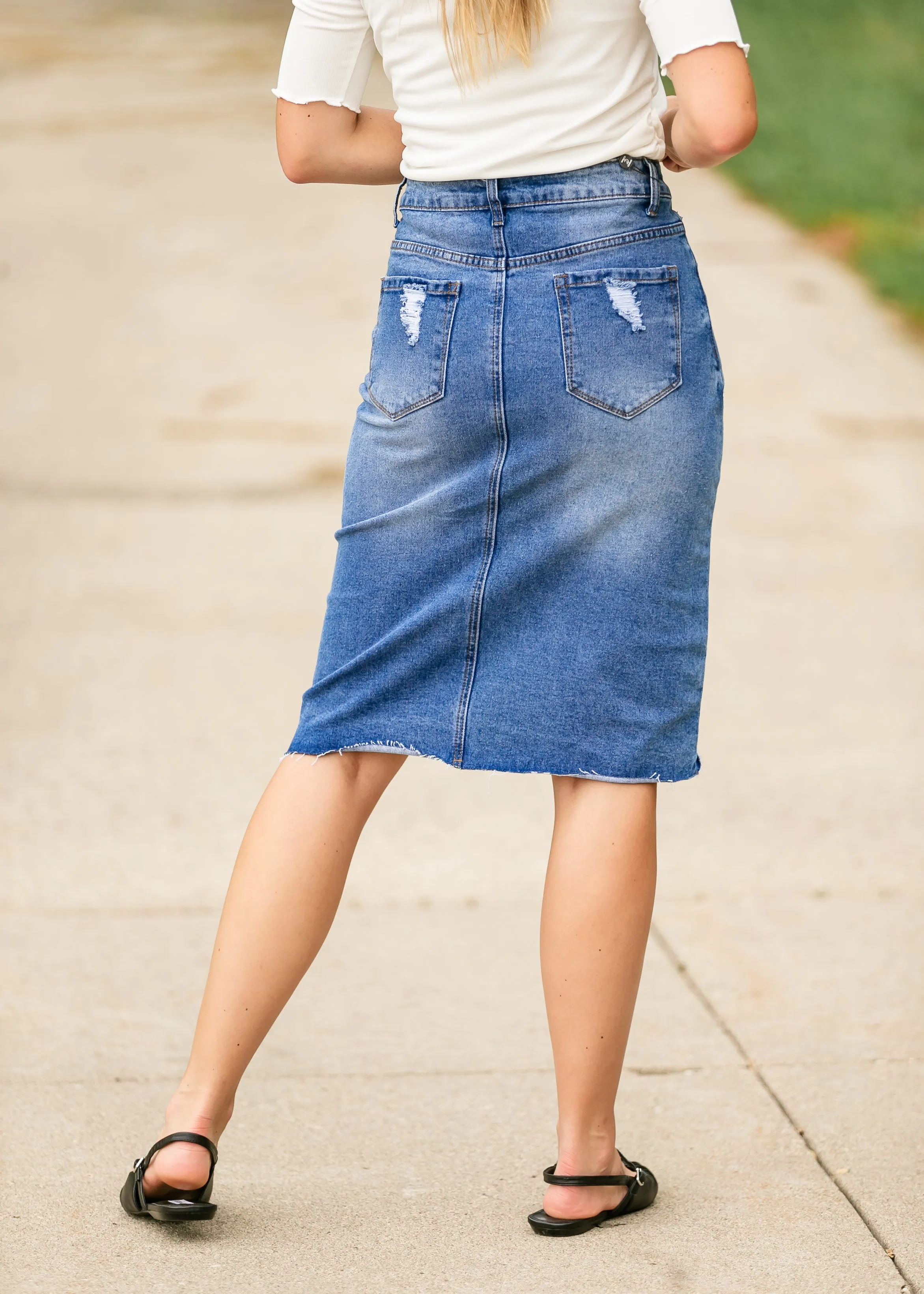 Tiana Distressed Denim Midi Skirt