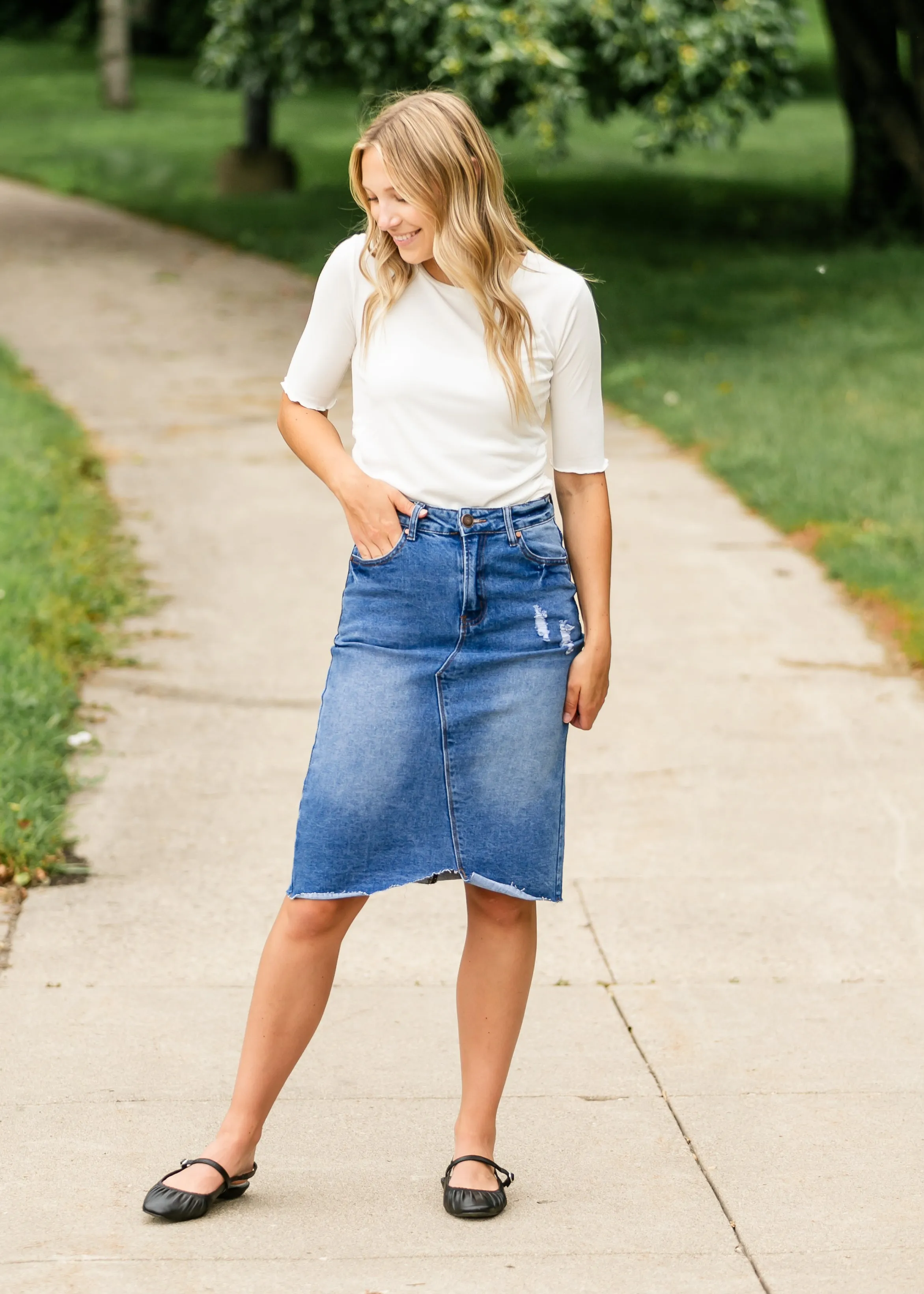 Tiana Distressed Denim Midi Skirt