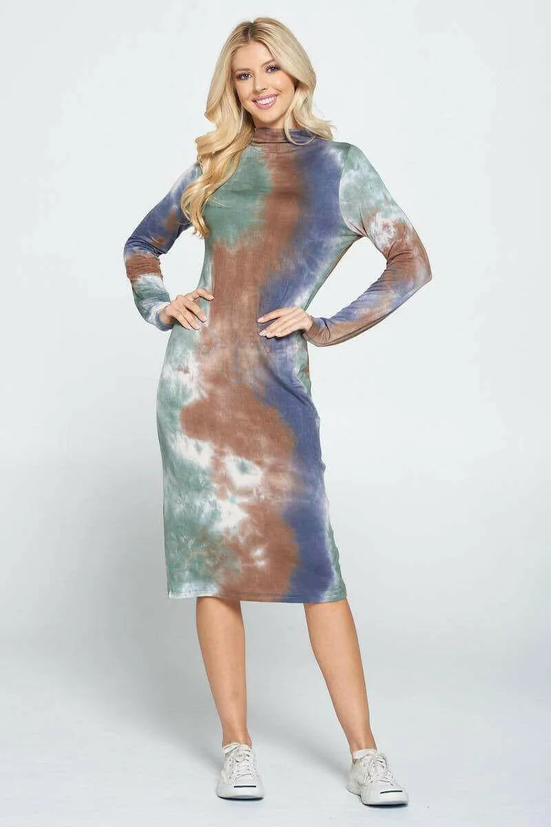 Tie Dye Cowl and Mock Neck Midi Dress