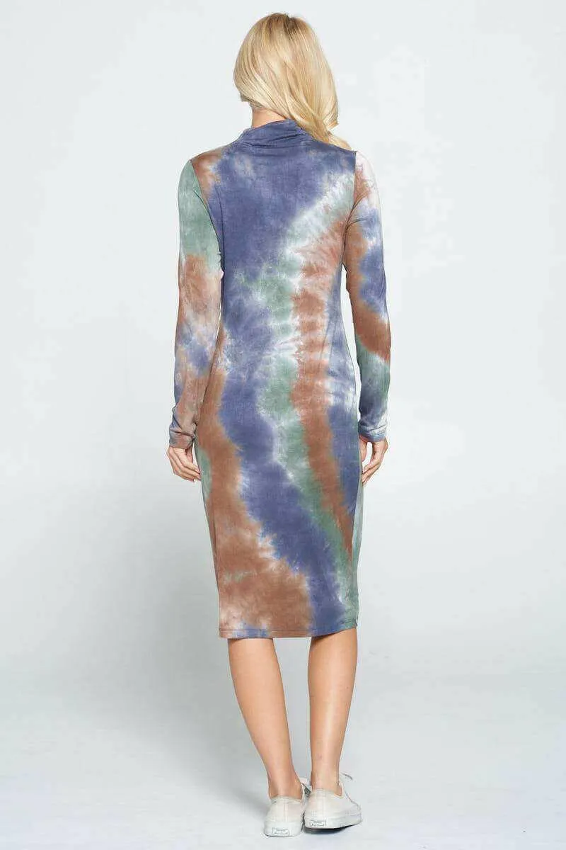 Tie Dye Cowl and Mock Neck Midi Dress