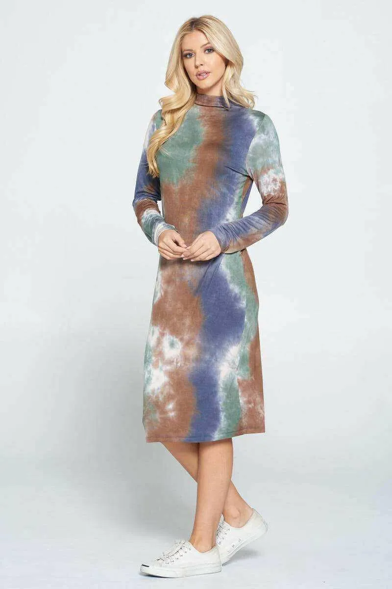 Tie Dye Cowl and Mock Neck Midi Dress