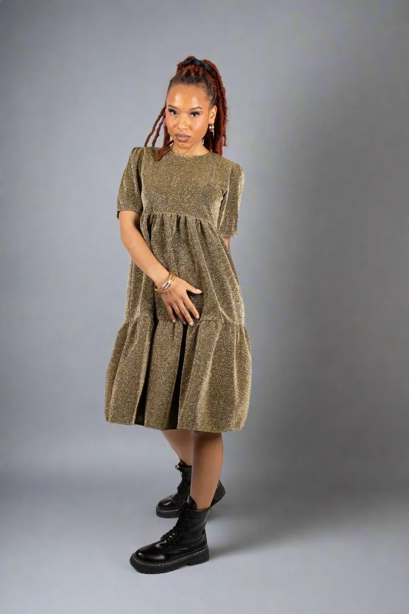 Tiered Midi Dress In Gold Sparkle Fabric