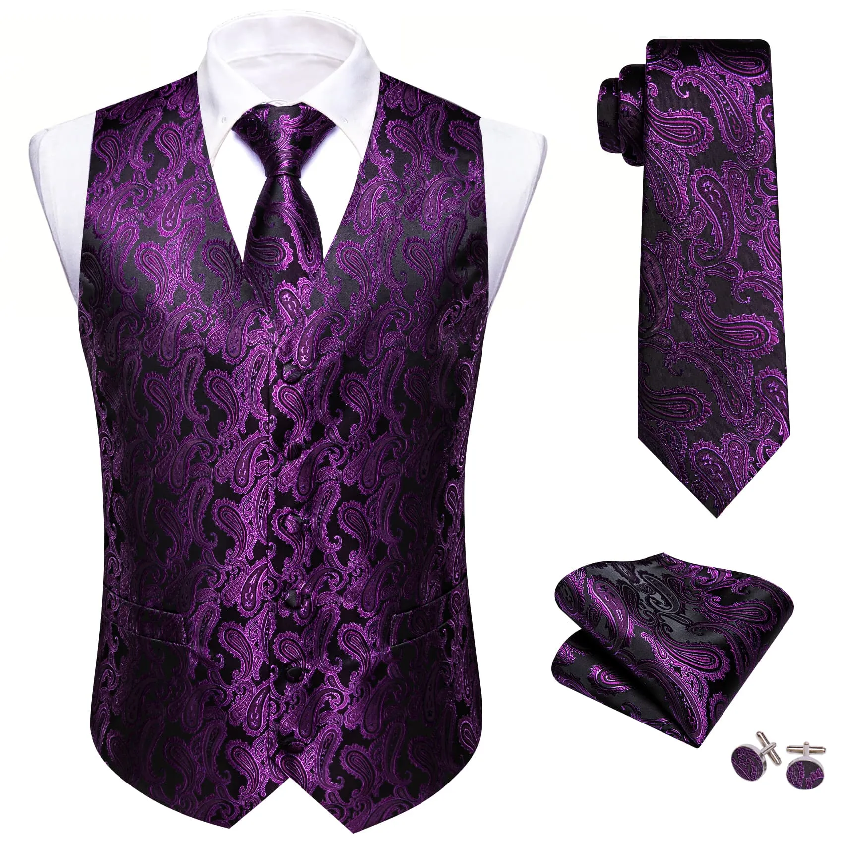 Ties2you Mens Vest Top Violet Purple Paisley Silk Dress Vest Tie Pocket Square Cufflinks Set