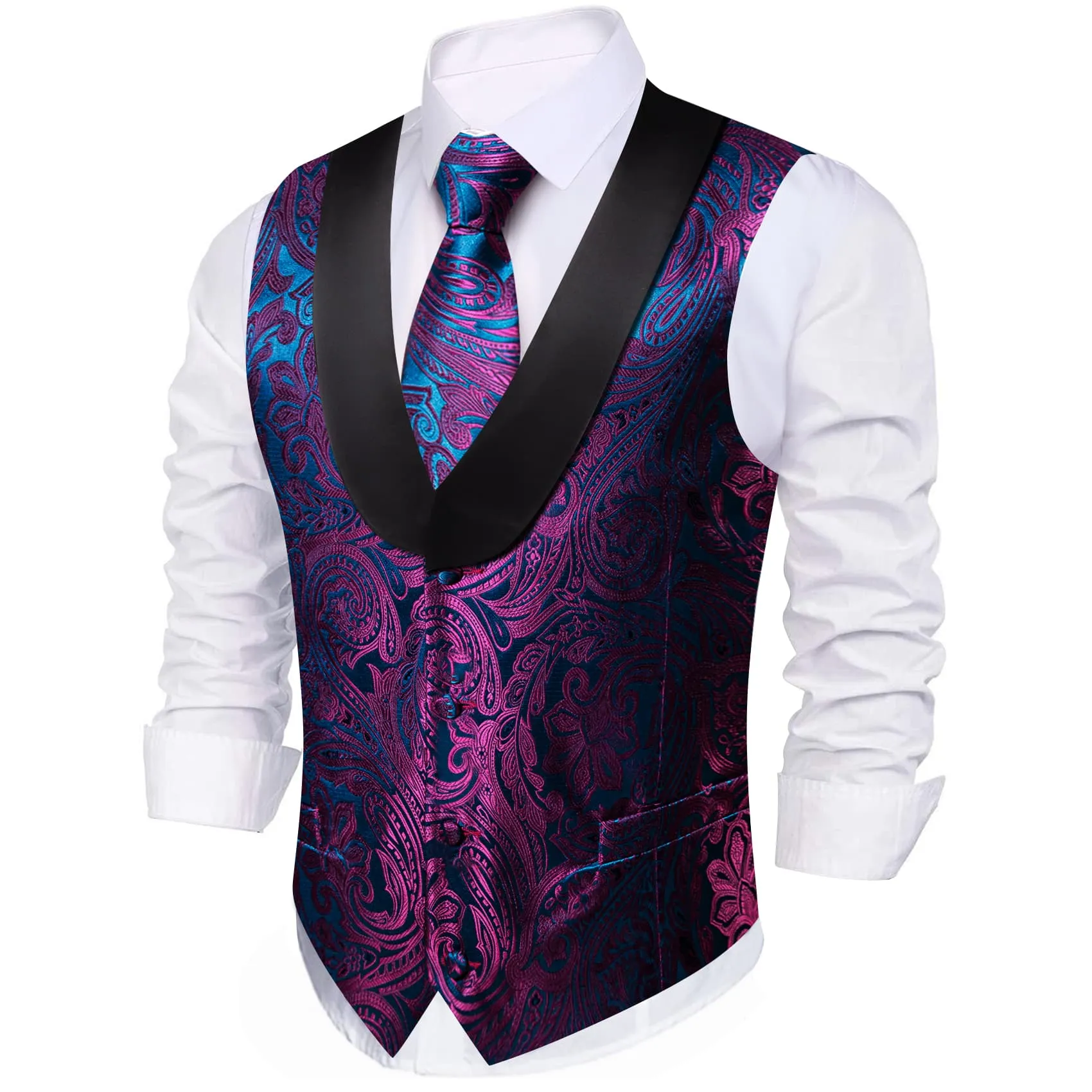 Ties2you Tuxedo Vest Purple Blue Paisley Black Shawl Collar Silk Dress Vest for Men