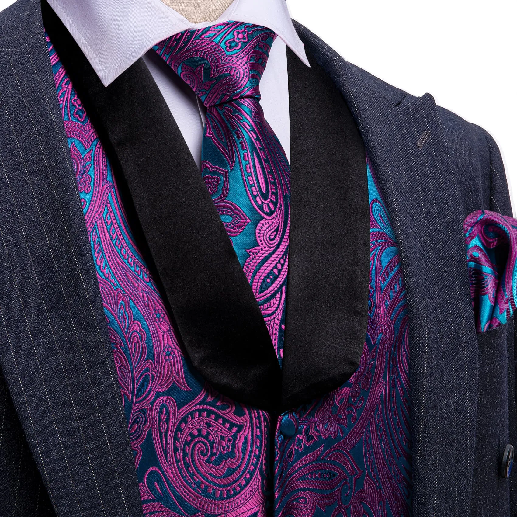 Ties2you Tuxedo Vest Purple Blue Paisley Black Shawl Collar Silk Dress Vest for Men