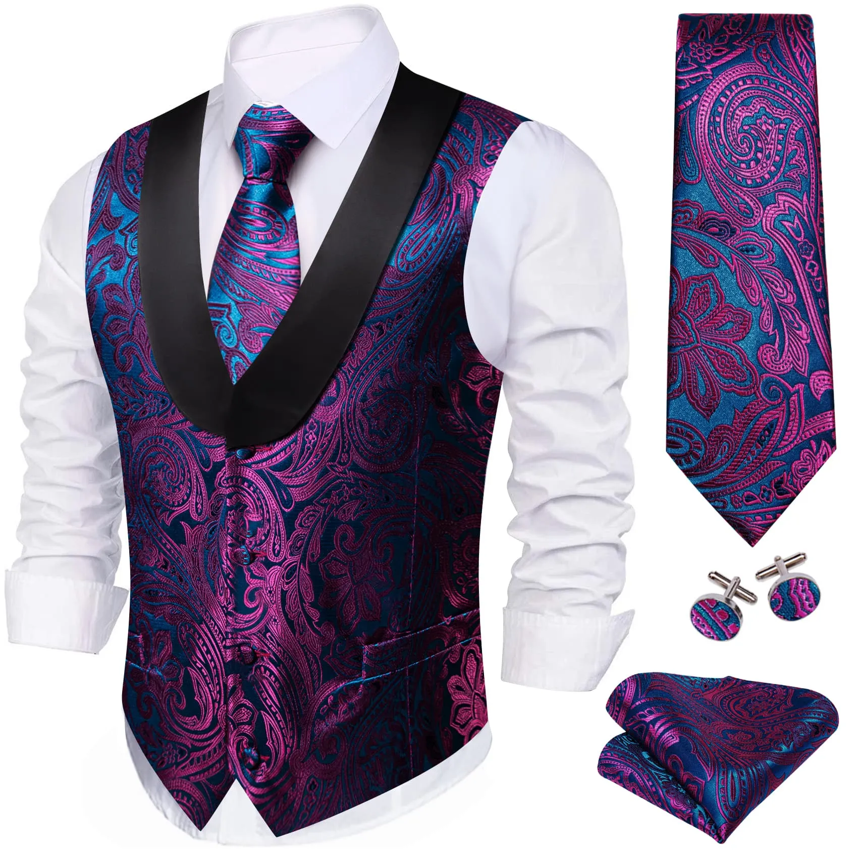 Ties2you Tuxedo Vest Purple Blue Paisley Black Shawl Collar Silk Dress Vest for Men