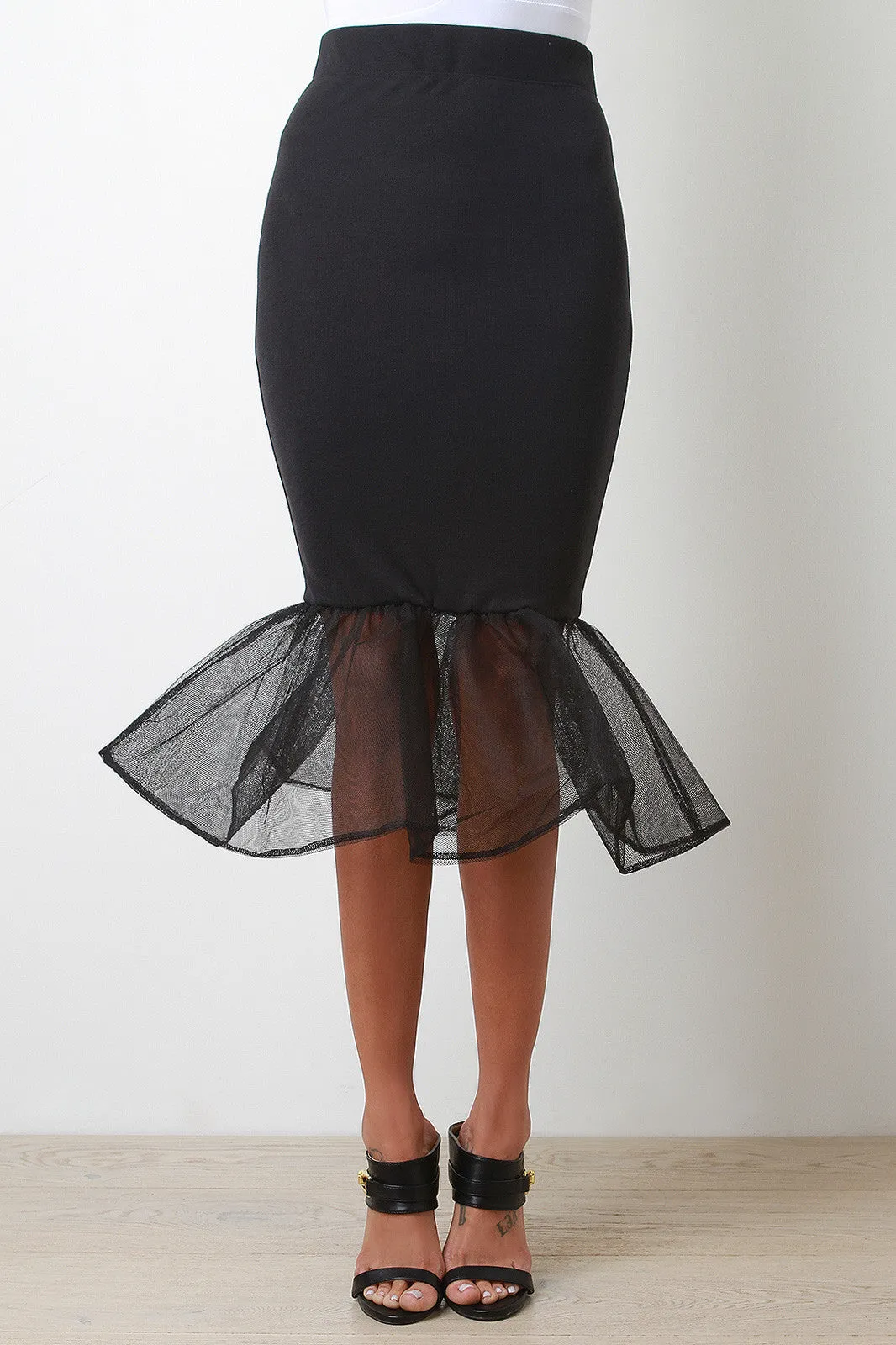 Tulle Flounce Trumpet Midi Skirt