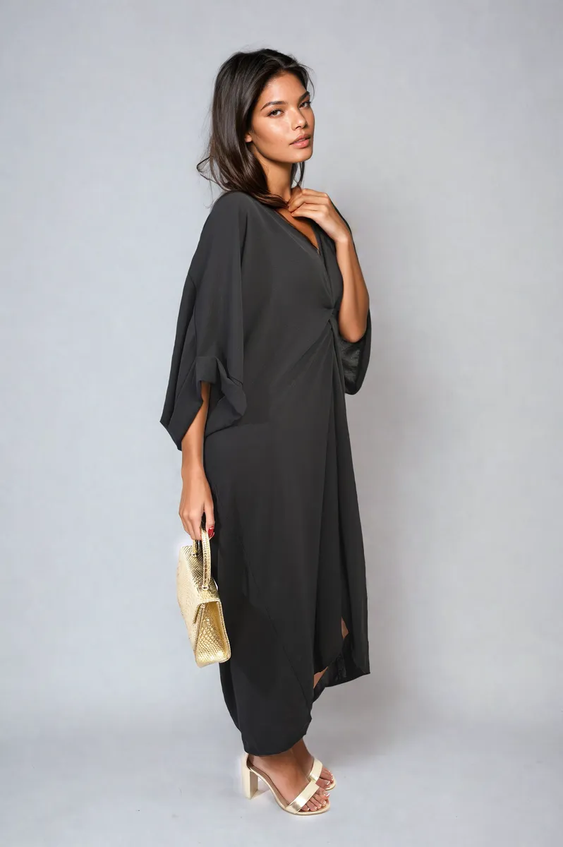 Twist Front Plunge Neckline Relaxed Fit Midi Dress