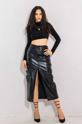 Vegan Leather Cargo Column Skirt