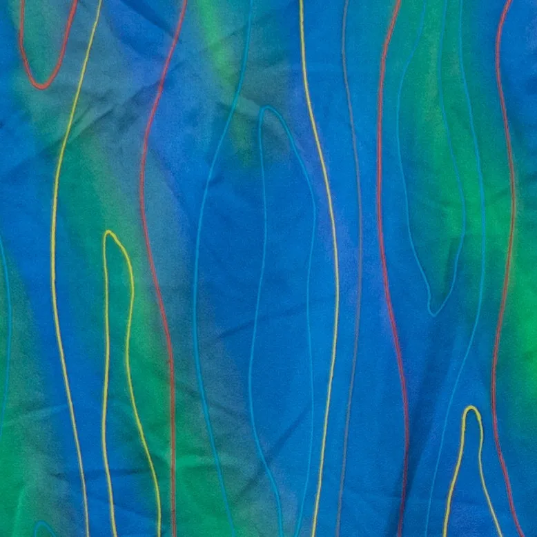 Very Retro 1980s Vintage Silk Kimono - Blue and Green with Abstract Yellow and Red Lines