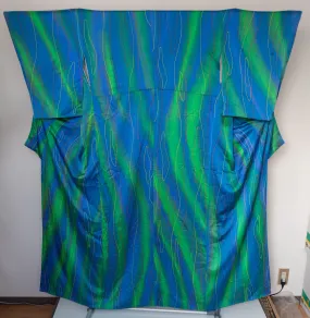 Very Retro 1980s Vintage Silk Kimono - Blue and Green with Abstract Yellow and Red Lines