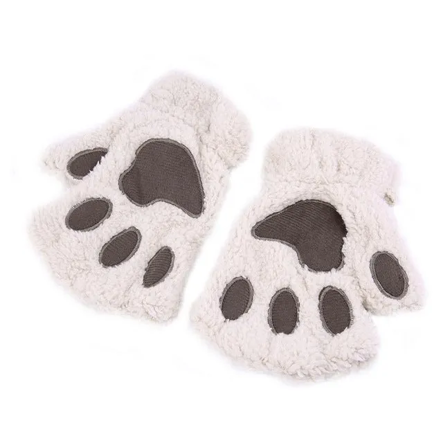 Winter Warmth Fingerless Plush Gloves Fluffy Bearr Claw /Cat Animal Paw Soft Warm Lovely Cute Women Half Finger Covered Gloves