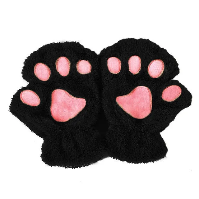 Winter Women Cute Cat Paw Claw Plush Mittens Short Fingerless Finger Half Gloves-J117