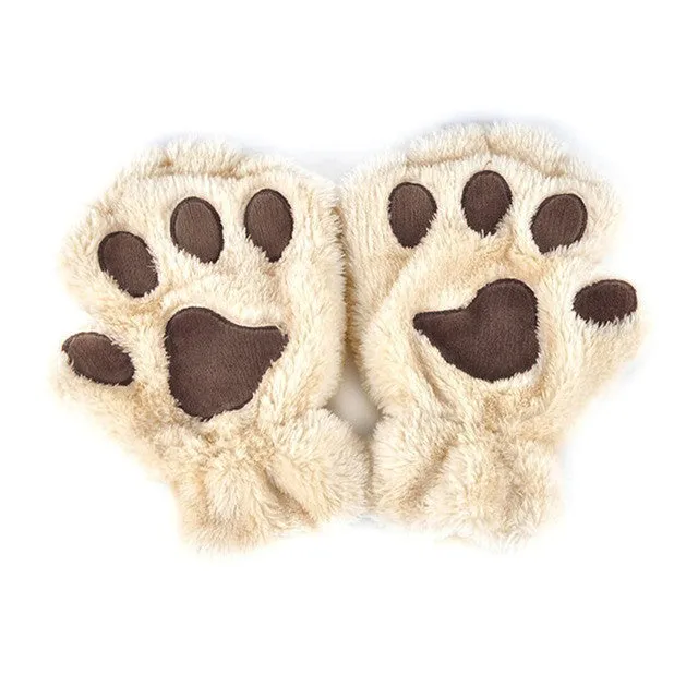 Winter Women Cute Cat Paw Claw Plush Mittens Short Fingerless Finger Half Gloves-J117