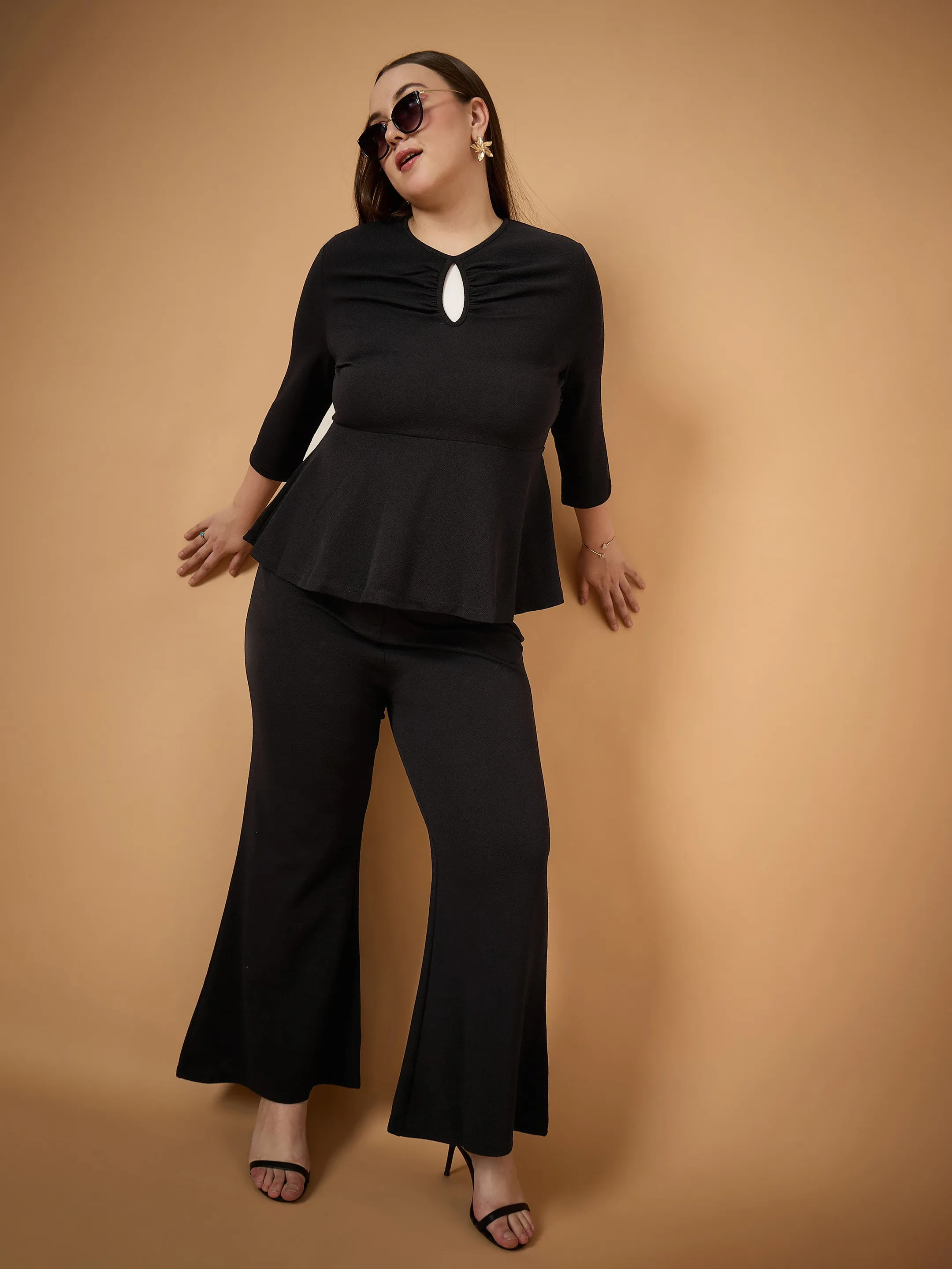 Women Black Keyhole Top With Bell Bottom Pants