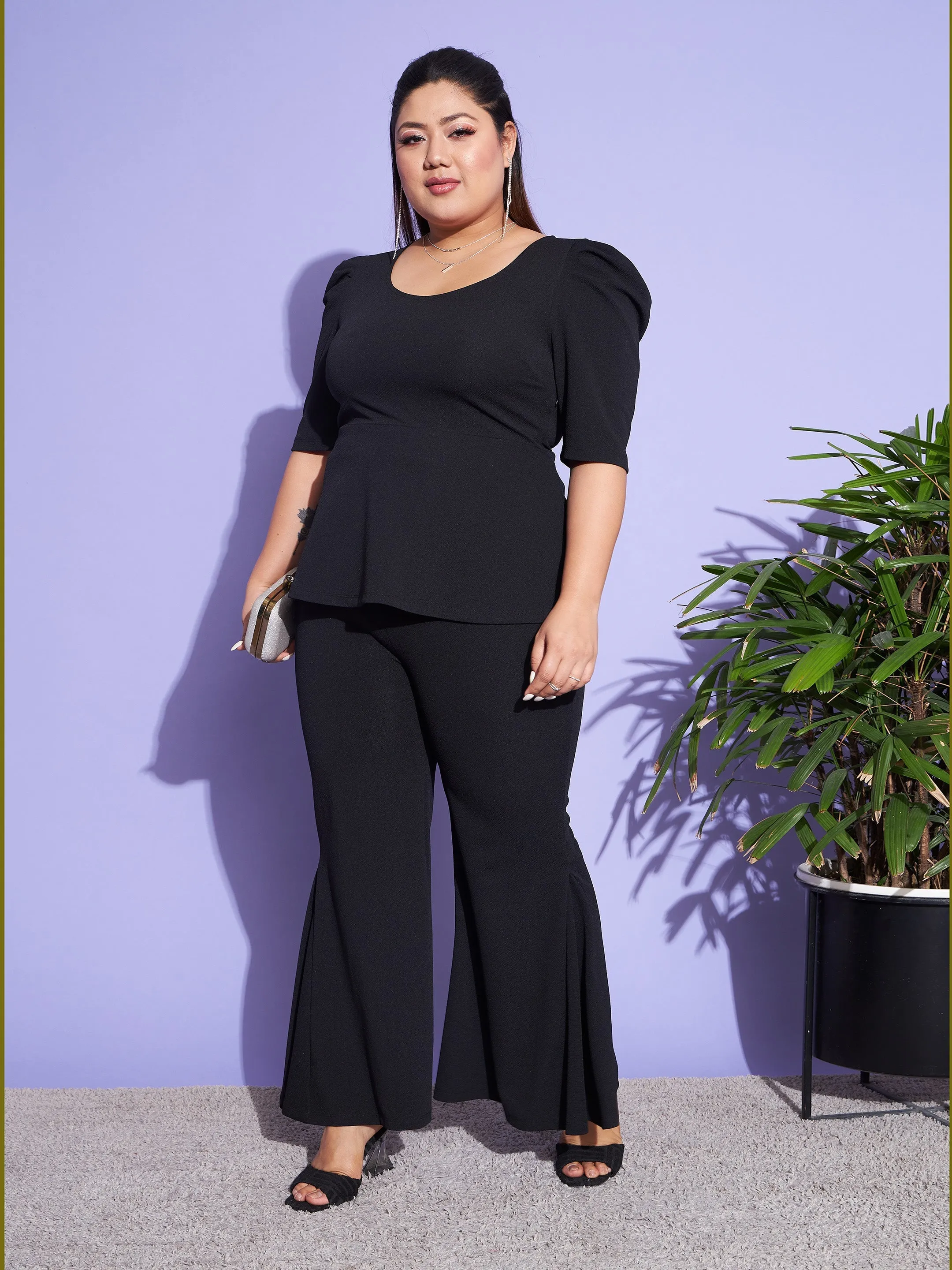 Women Black Peplum Top With Kick Pleats Pants