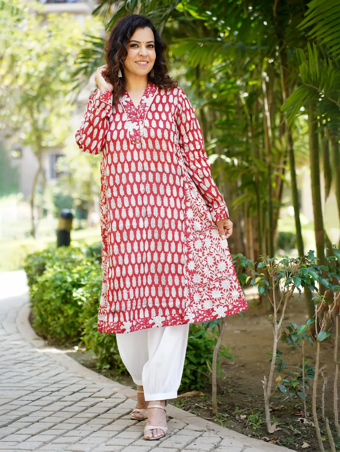 Women's Red Cotton Kurta