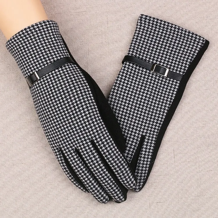 Women's Winter Thermal Gloves Houndstooth Buckle