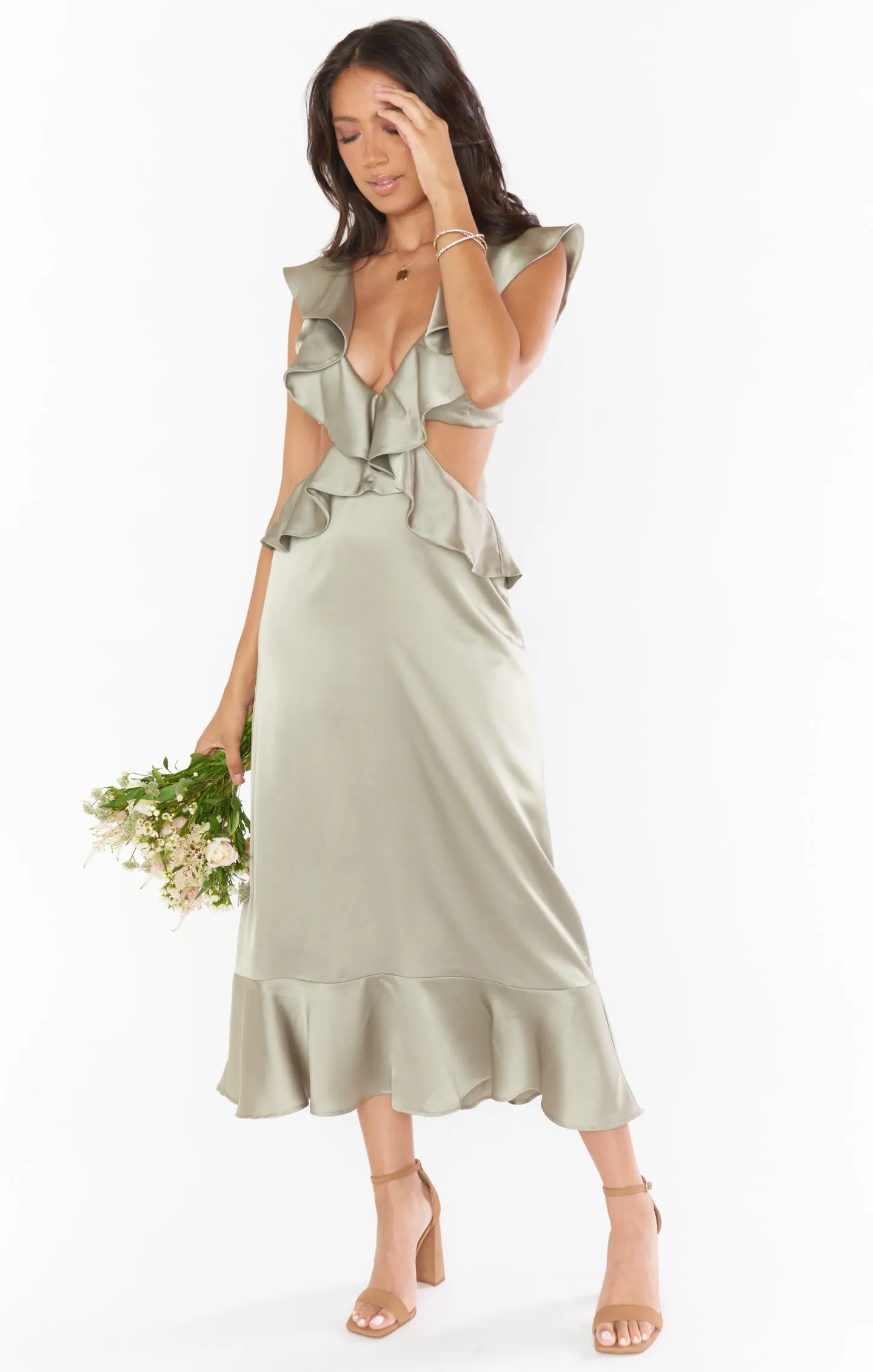 Zoey Midi Dress ~ Moss Green Luxe Satin